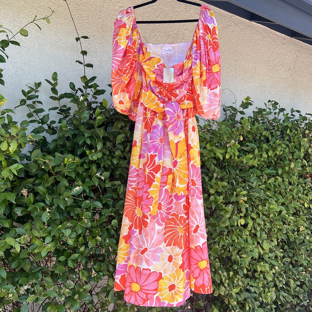 NWT Sundress Emilia Long Dress Saleya Print Pink Puff Sleeves Size XS fits Small - Picture 3 of 8